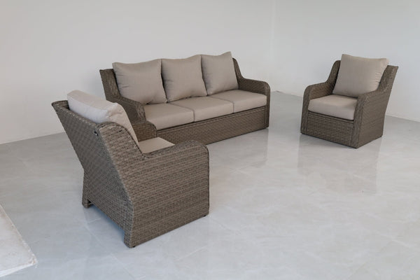 English Elm 3-piece Outdoor Synthetic Rattan Conversation Set with Deep Cushioned Sofa and Club Chairs B120S00288