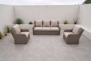 English Elm 3-piece Outdoor Synthetic Rattan Conversation Set with Deep Cushioned Sofa and Club Chairs B120S00288