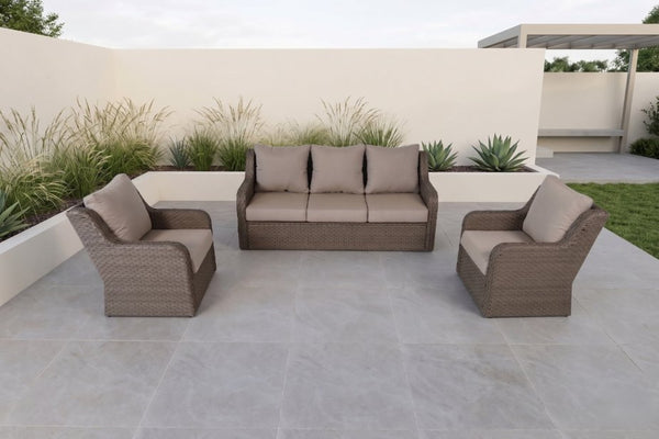 English Elm 3-piece Outdoor Synthetic Rattan Conversation Set with Deep Cushioned Sofa and Club Chairs B120S00288