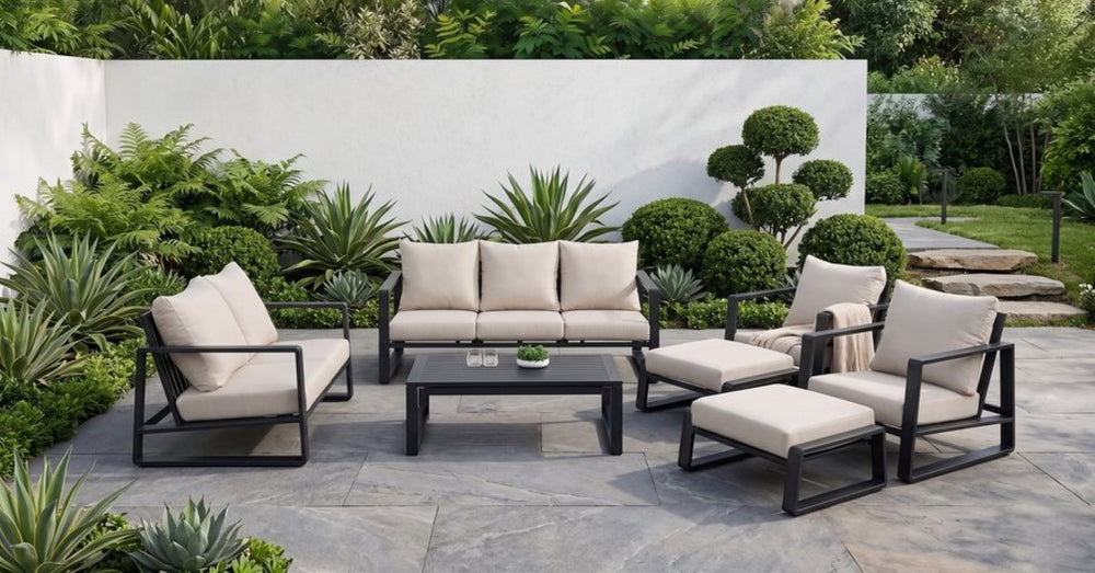 English Elm 7-Piece Outdoor Modular Aluminum Patio Set with Sofa Loveseat Chair Ottomans Table B120S00289