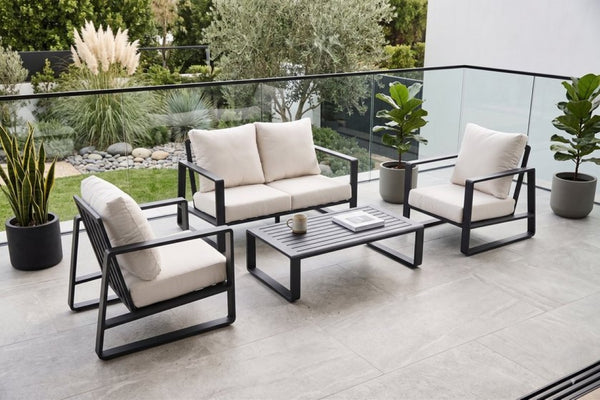 English Elm Luxury Outdoor 4 Piece Aluminum Patio Set with Loveseat Armchairs and Coffee Table B120S00291