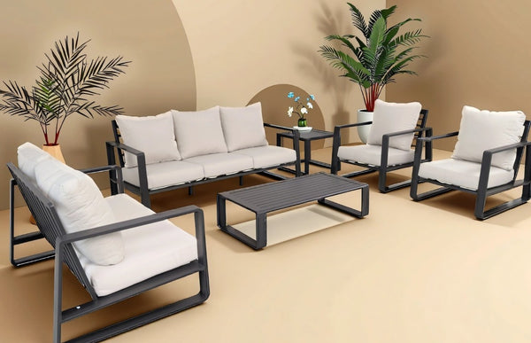 English Elm Luxury Six Piece Outdoor Sectional Set Powder Coated Aluminum with All Weather Cushions B120S00293