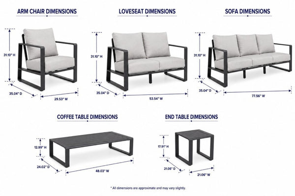 English Elm Luxury Six Piece Outdoor Sectional Set Powder Coated Aluminum with All Weather Cushions B120S00293