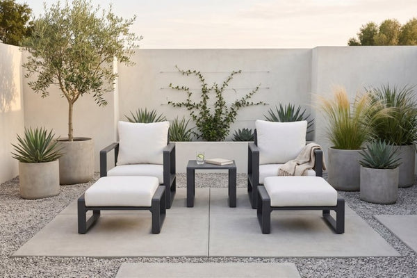 English Elm 5-Piece Outdoor Aluminum Patio Set with Club Chairs Ottomans and Resort Style Canvas Cushions B120S00296