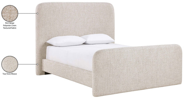 Meridian Furniture Fira Upholstered Full Bed with Curved Headboard and Tailored Frame for Modern Bedrooms Beige Linen Textured Fabric B1221Beige-F