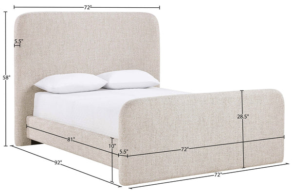 Meridian Furniture Fira Queen Upholstered Platform Bed Curved Headboard Soft Modern Bedroom Frame Beige Linen Textured Fabric B1221Beige-Q