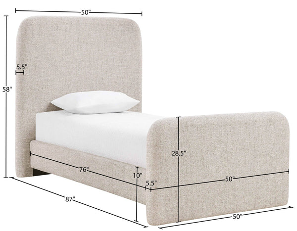 Meridian Furniture Fira Upholstered Twin Bed Soft Curved Headboard for Modern and Contemporary Bedrooms Beige Linen Textured Fabric B1221Beige-T