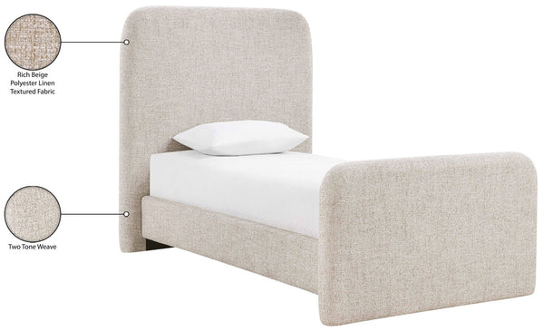 Meridian Furniture Fira Upholstered Twin Bed Soft Curved Headboard for Modern and Contemporary Bedrooms Beige Linen Textured Fabric B1221Beige-T
