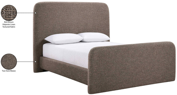Meridian Furniture Fira Upholstered Full Bed with Curved Headboard and Tailored Frame for Modern Bedrooms Brown Linen Textured Fabric B1221Brown-F