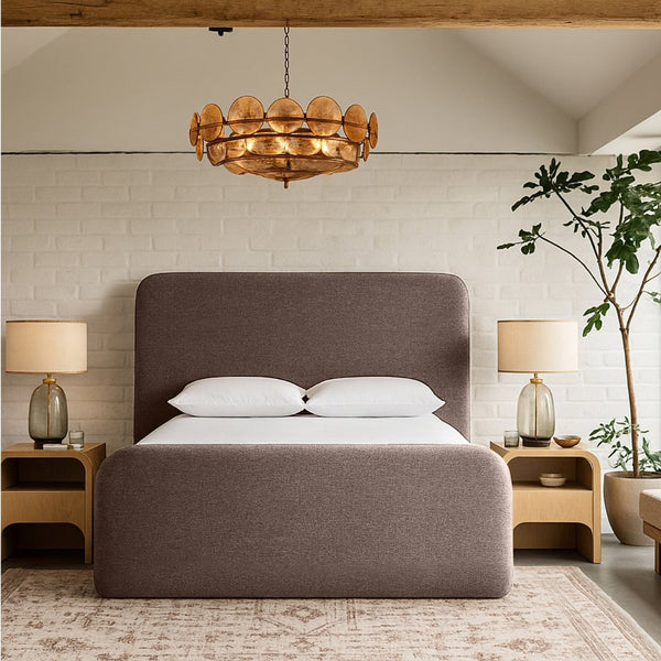 Meridian Furniture Fira Upholstered Full Bed with Curved Headboard and Tailored Frame for Modern Bedrooms Brown Linen Textured Fabric B1221Brown-F