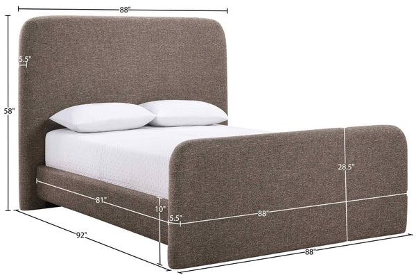 Meridian Furniture Fira King Upholstered Bed with Curved Headboard and Plush Fabric for Modern Bedroom Style Brown Linen Textured Fabric B1221Brown-K