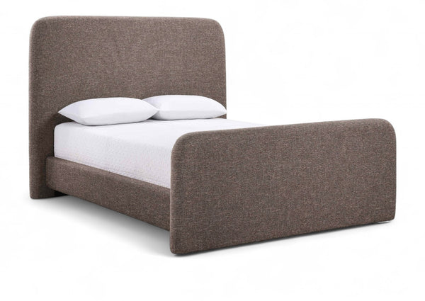 Meridian Furniture Fira Queen Upholstered Platform Bed Curved Headboard Soft Modern Bedroom Frame Brown Linen Textured Fabric B1221Brown-Q