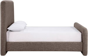 Meridian Furniture Fira Queen Upholstered Platform Bed Curved Headboard Soft Modern Bedroom Frame Brown Linen Textured Fabric B1221Brown-Q