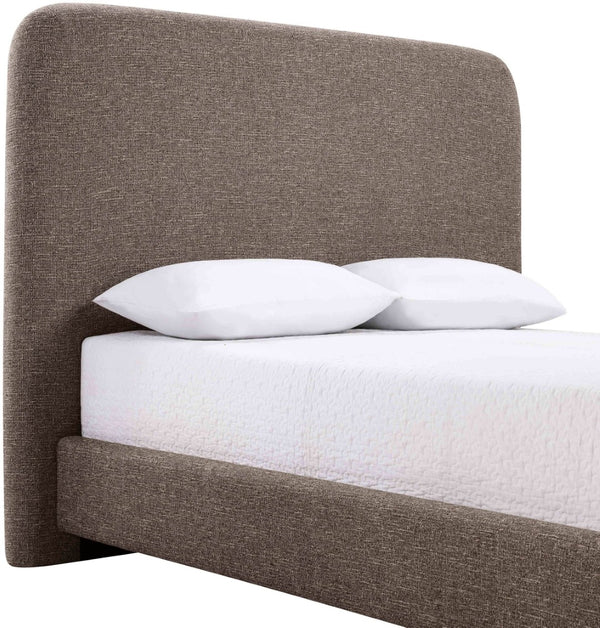 Meridian Furniture Fira Queen Upholstered Platform Bed Curved Headboard Soft Modern Bedroom Frame Brown Linen Textured Fabric B1221Brown-Q