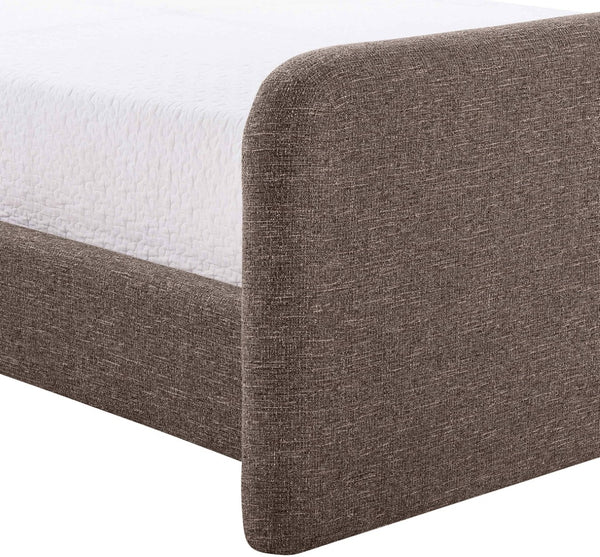 Meridian Furniture Fira Queen Upholstered Platform Bed Curved Headboard Soft Modern Bedroom Frame Brown Linen Textured Fabric B1221Brown-Q