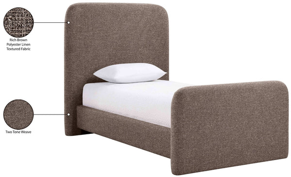 Meridian Furniture Fira Upholstered Twin Bed Soft Curved Headboard for Modern and Contemporary Bedrooms Brown Linen Textured Fabric B1221Brown-T