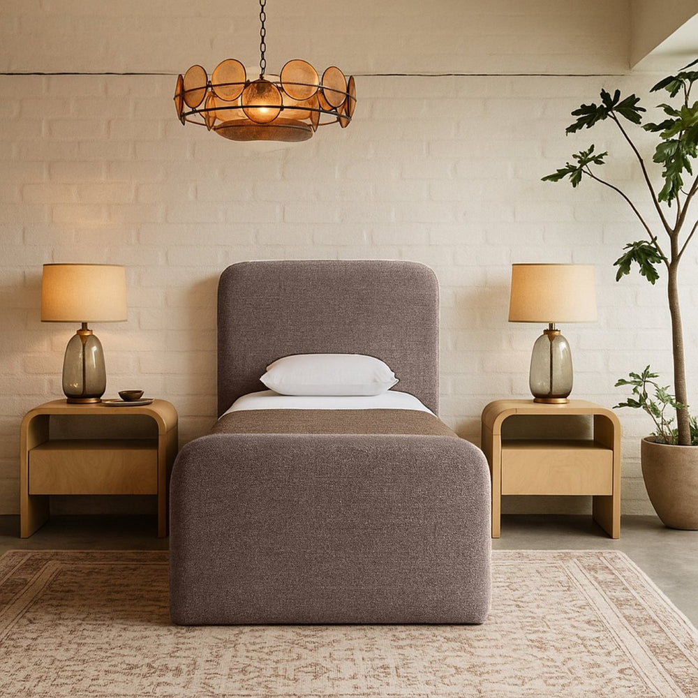 Meridian Furniture Fira Upholstered Twin Bed Soft Curved Headboard for Modern and Contemporary Bedrooms Brown Linen Textured Fabric B1221Brown-T