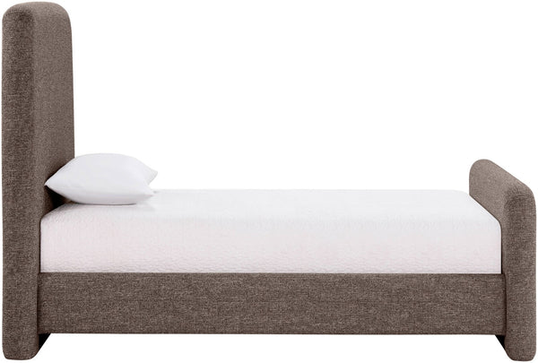 Meridian Furniture Fira Upholstered Twin Bed Soft Curved Headboard for Modern and Contemporary Bedrooms Brown Linen Textured Fabric B1221Brown-T