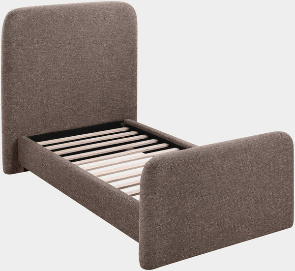 Meridian Furniture Fira Upholstered Twin Bed Soft Curved Headboard for Modern and Contemporary Bedrooms Brown Linen Textured Fabric B1221Brown-T