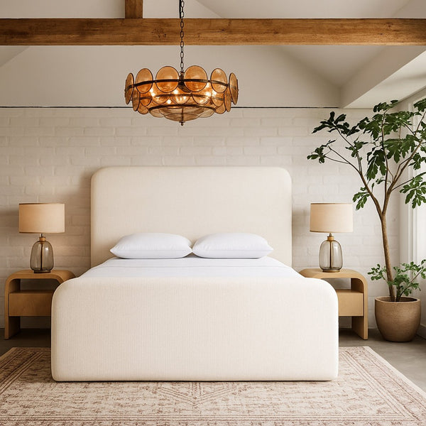 Meridian Furniture Fira Upholstered Full Bed with Curved Headboard and Tailored Frame for Modern Bedrooms Cream Linen Textured Fabric B1221Cream-F