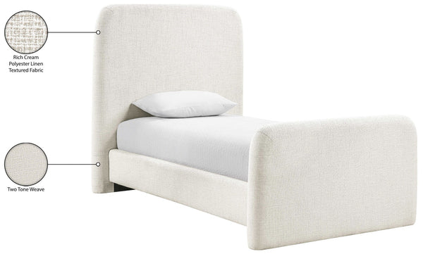 Meridian Furniture Fira Upholstered Twin Bed Soft Curved Headboard for Modern and Contemporary Bedrooms Cream Linen Textured Fabric B1221Cream-T