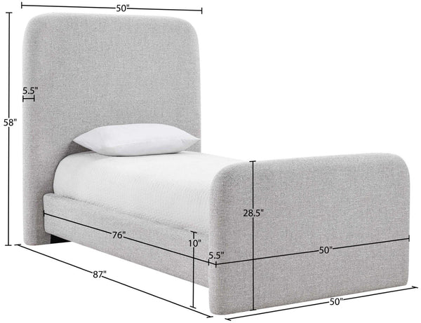 Meridian Furniture Fira Upholstered Twin Bed Soft Curved Headboard for Modern and Contemporary Bedrooms Grey Linen Textured Fabric B1221Grey-T