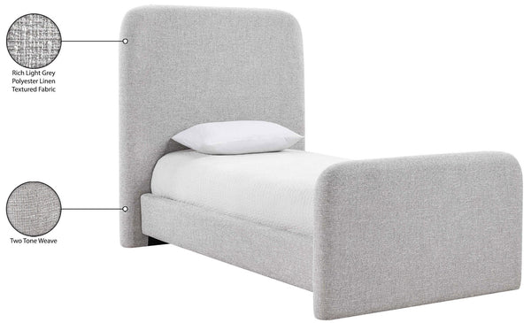 Meridian Furniture Fira Upholstered Twin Bed Soft Curved Headboard for Modern and Contemporary Bedrooms Grey Linen Textured Fabric B1221Grey-T