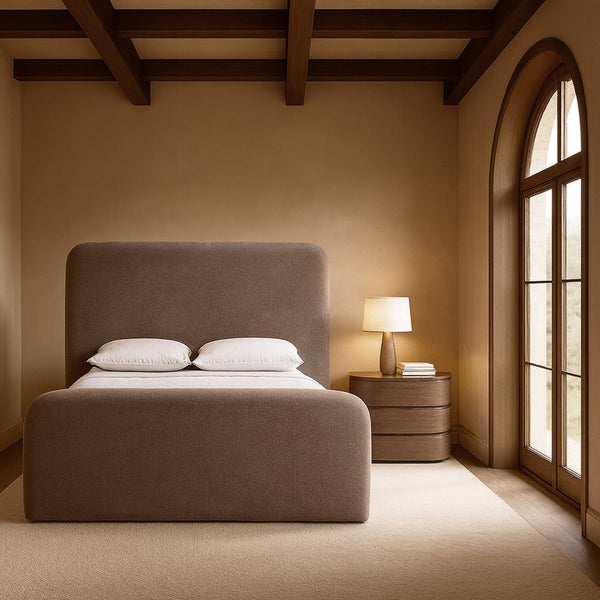 Meridian Furniture Fira Upholstered Full Bed with Curved Headboard and Tailored Frame for Modern Bedrooms Brown Chenille Fabric B1222Brown-F