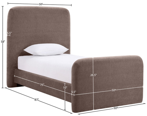 Meridian Furniture Fira Upholstered Twin Bed Soft Curved Headboard for Modern and Contemporary Bedrooms Brown Chenille Fabric B1222Brown-T