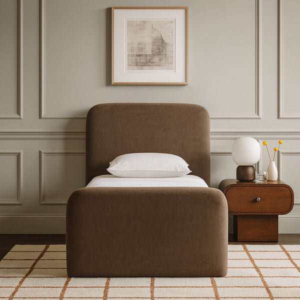 Meridian Furniture Fira Upholstered Twin Bed Soft Curved Headboard for Modern and Contemporary Bedrooms Brown Chenille Fabric B1222Brown-T