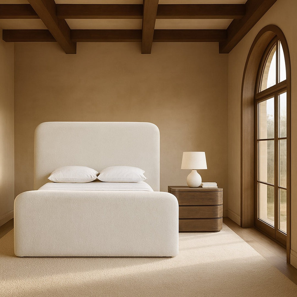 Meridian Furniture Fira Upholstered Full Bed with Curved Headboard and Tailored Frame for Modern Bedrooms Cream Chenille Fabric B1222Cream-F