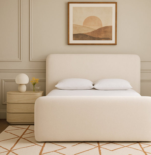 Meridian Furniture Fira Queen Upholstered Platform Bed Curved Headboard Soft Modern Bedroom Frame Cream Chenille Fabric B1222Cream-Q