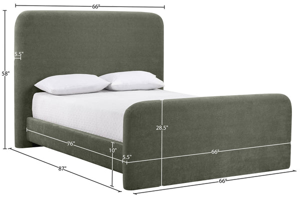 Meridian Furniture Fira Upholstered Full Bed with Curved Headboard and Tailored Frame for Modern Bedrooms Green Chenille Fabric B1222Green-F