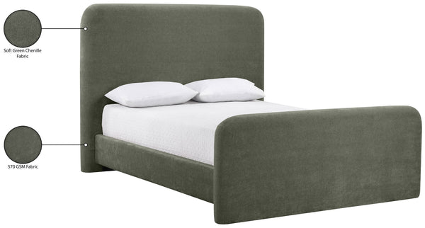 Meridian Furniture Fira Upholstered Full Bed with Curved Headboard and Tailored Frame for Modern Bedrooms Green Chenille Fabric B1222Green-F