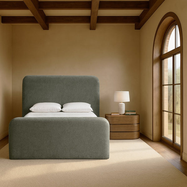 Meridian Furniture Fira King Upholstered Bed with Curved Headboard and Plush Fabric for Modern Bedroom Style Green Chenille Fabric B1222Green-K