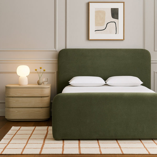 Meridian Furniture Fira Queen Upholstered Platform Bed Curved Headboard Soft Modern Bedroom Frame Green Chenille Fabric B1222Green-Q