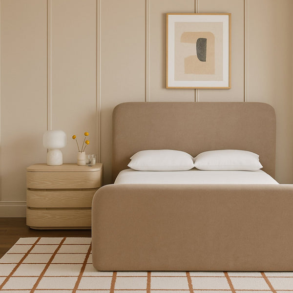 Meridian Furniture Fira Queen Upholstered Platform Bed Curved Headboard Soft Modern Bedroom Frame Taupe Chenille Fabric B1222Taupe-Q