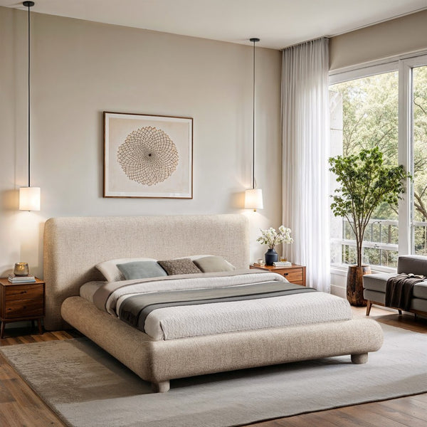 Meridian Furniture Blair Upholstered King Bed Curved Padded Headboard Stylish Frame for Modern Bedroom Beige Polyester Fabric B1234Beige-K