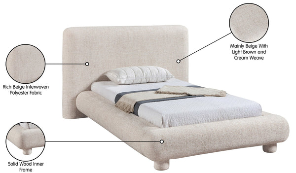Meridian Furniture Blair Upholstered Twin Bed Rounded Headboard Soft Fabric Frame for Modern Bedroom Decor Beige Polyester Fabric B1234Beige-T