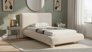 Meridian Furniture Blair Upholstered Twin Bed Rounded Headboard Soft Fabric Frame for Modern Bedroom Decor Beige Polyester Fabric B1234Beige-T