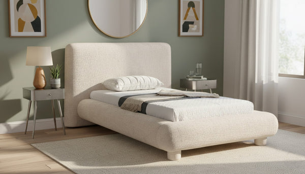 Meridian Furniture Blair Upholstered Twin Bed Rounded Headboard Soft Fabric Frame for Modern Bedroom Decor Beige Polyester Fabric B1234Beige-T