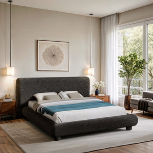 Meridian Furniture Blair Upholstered King Bed Curved Padded Headboard Stylish Frame for Modern Bedroom Black Polyester Fabric B1234Black-K