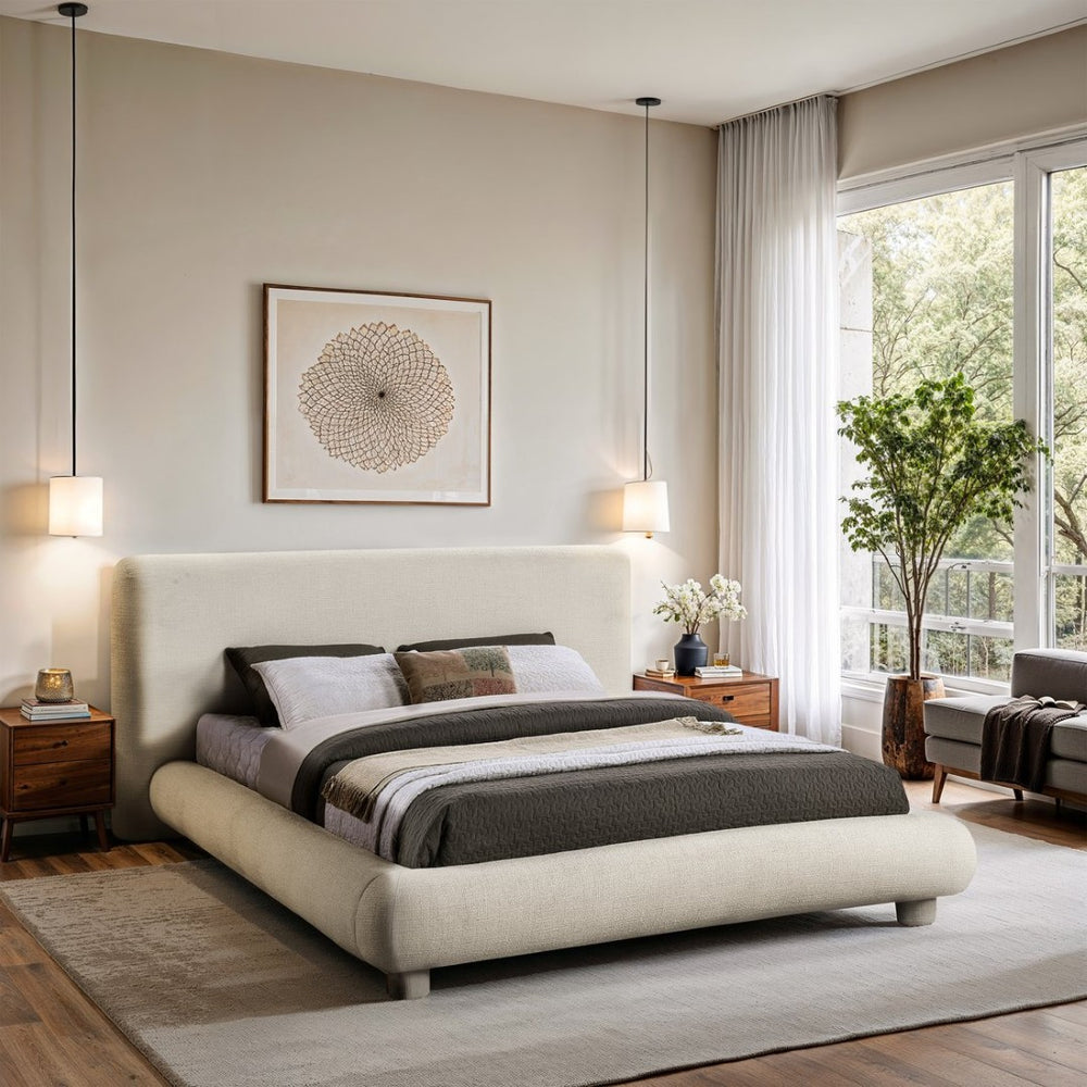 Meridian Furniture Blair Queen Upholstered Bed Curved Headboard Plush Fabric Modern Neutral Bedroom Frame Cream Polyester Fabric B1234Cream-Q