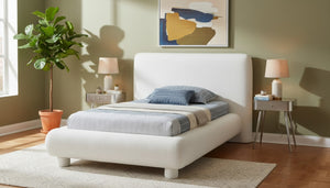 Meridian Furniture Blair Upholstered Twin Bed Rounded Headboard Soft Fabric Frame for Modern Bedroom Decor Cream Polyester Fabric B1234Cream-T