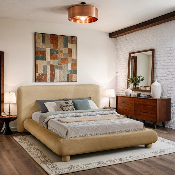 Meridian Furniture Blair Queen Upholstered Bed Curved Headboard Plush Fabric Modern Neutral Bedroom Frame Beige Chenille Fabric B1235Beige-Q