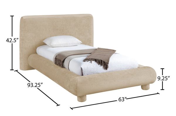 Meridian Furniture Blair Upholstered Twin Bed Rounded Headboard Soft Fabric Frame for Modern Bedroom Decor Beige Chenille Fabric B1235Beige-T