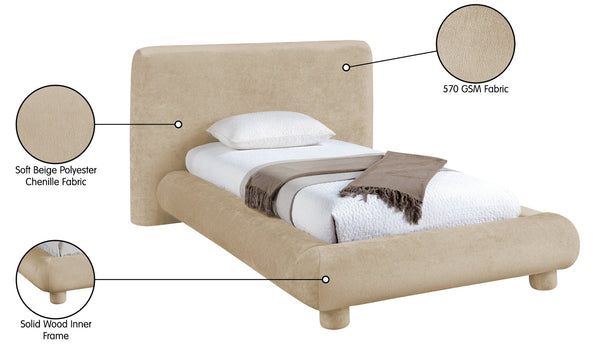 Meridian Furniture Blair Upholstered Twin Bed Rounded Headboard Soft Fabric Frame for Modern Bedroom Decor Beige Chenille Fabric B1235Beige-T