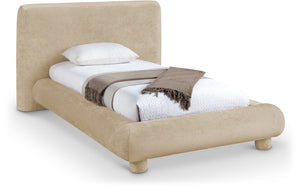 Meridian Furniture Blair Upholstered Twin Bed Rounded Headboard Soft Fabric Frame for Modern Bedroom Decor Beige Chenille Fabric B1235Beige-T