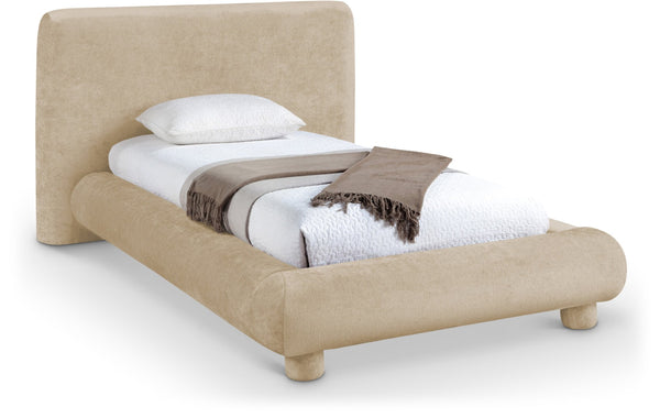 Meridian Furniture Blair Upholstered Twin Bed Rounded Headboard Soft Fabric Frame for Modern Bedroom Decor Beige Chenille Fabric B1235Beige-T