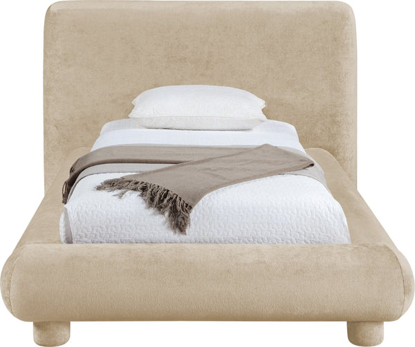 Meridian Furniture Blair Upholstered Twin Bed Rounded Headboard Soft Fabric Frame for Modern Bedroom Decor Beige Chenille Fabric B1235Beige-T
